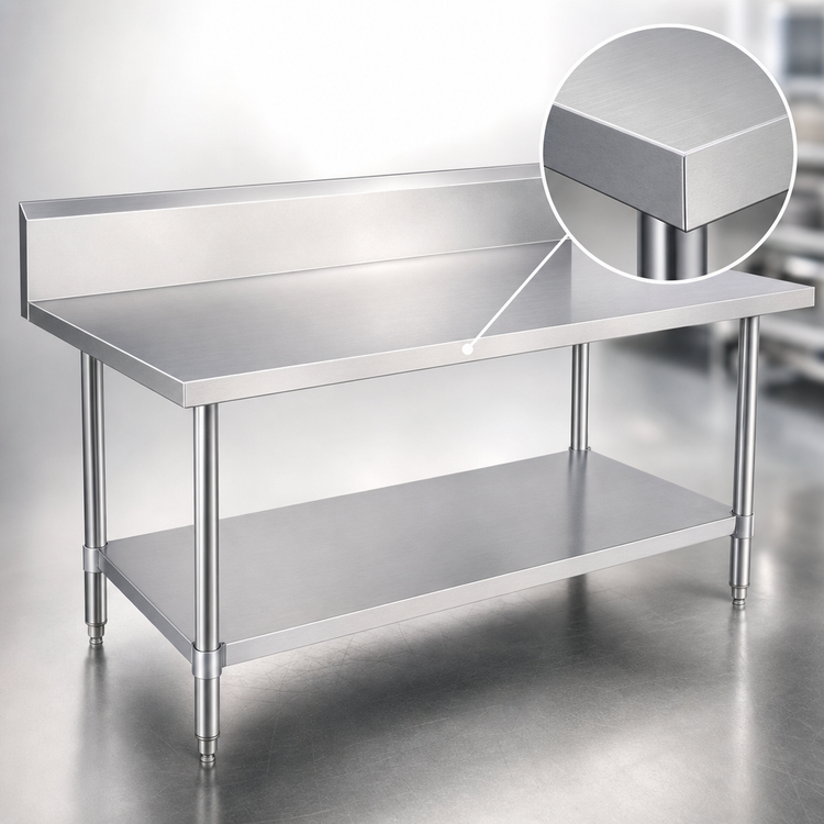 Product image #3 for Duke 60 Inch x 30 Inch 14-Gauge 300 Series Stainless Steel Work Table with 10-Inch Riser, Marine Edge, and Undershelf
