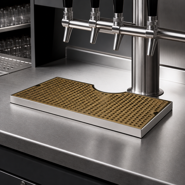 Product image #3 for 18" x 9" Surface-Mount Stainless Steel Drip Tray Trough with Perforated PVD Brass Screen