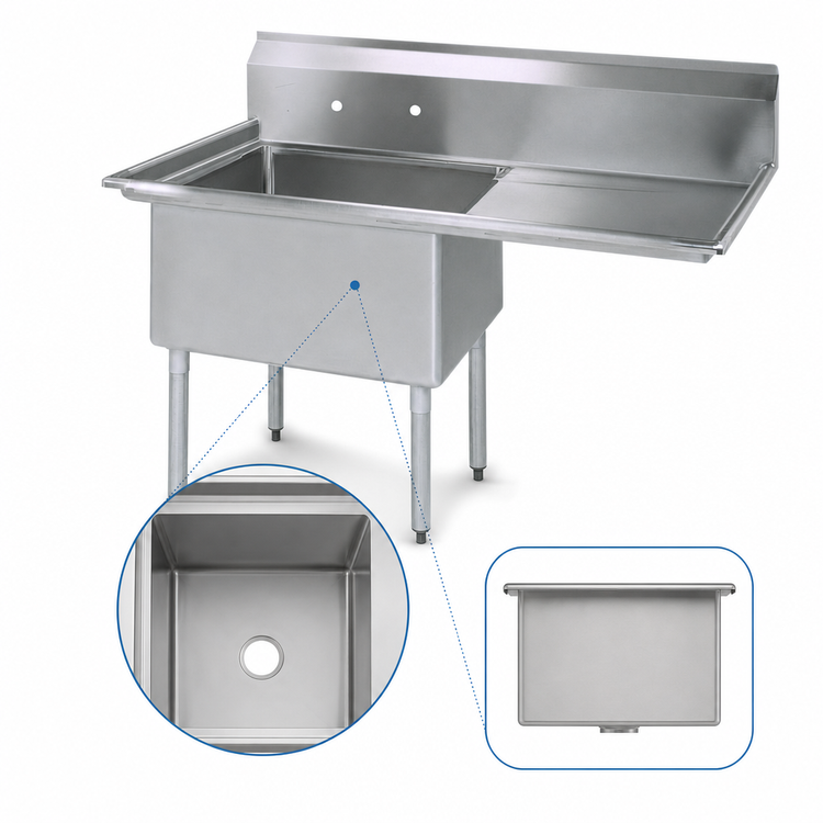 Product image #3 for BK Resources Economy 1-Compartment Stainless Steel Sink with Right Drainboard, 38-1/2 Inch Wide