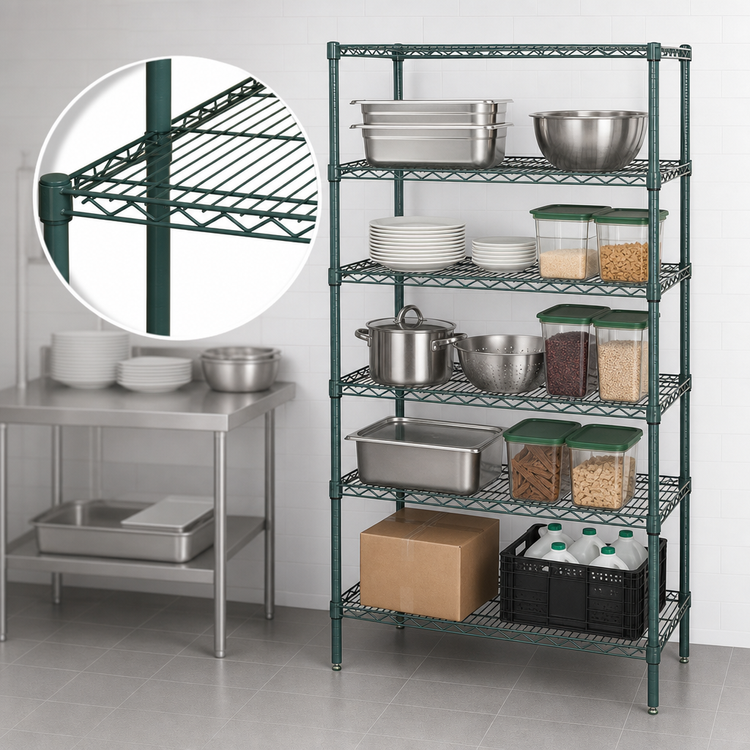 Product image #3 for Quantum Wire Shelving Starter Kit, 60"W x 18"D x 74"H, 5 Shelves, Green Epoxy Finish