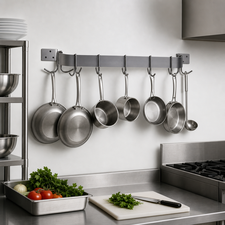 Product image #3 for Advance Tabco 60-Inch Wall-Mounted Single-Bar Stainless Steel Pot Rack with 9 Double Hooks