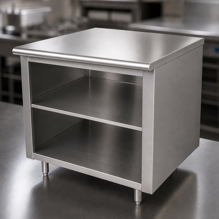 Product image #3 for Advance Tabco 36 Inches x 36 Inches Underbar Work Table with Open Front Cabinet Base, Mid-Shelf, and 14-Gauge 304 Stainless Steel Top