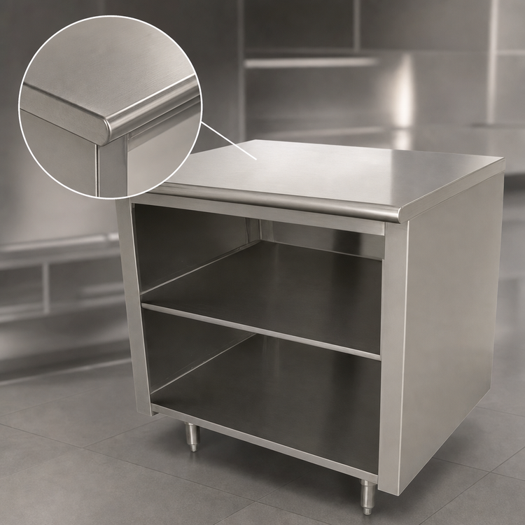 Product image #3 for Advance Tabco 120-Inch Open Front Cabinet Base Underbar Work Table with Mid-Shelf and 14-Gauge 304 Stainless Steel Top