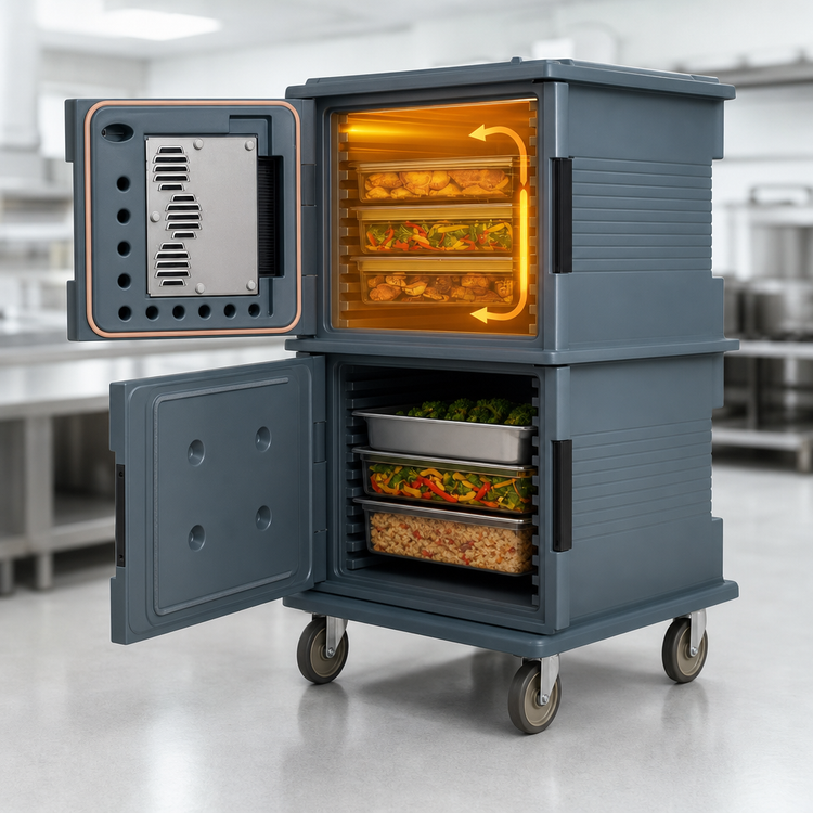 Product image #4 for Cambro Ultra Camcart H-Series 2-Compartment Front-Loading Heated Food Pan Carrier, Heated Top Door Only, HD Casters, Granite Gray, 110V
