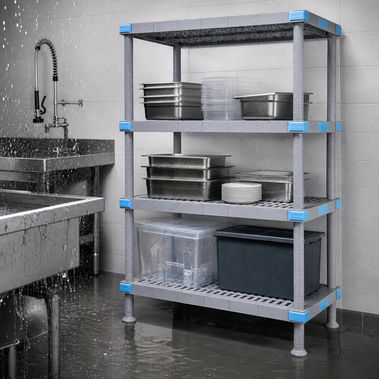 Product image #3 for Quantum Millenia 60-Inch W x 21-Inch D x 62-Inch H Polymer Shelving Unit with 4 Open Grid Shelves and Dunnage Stand
