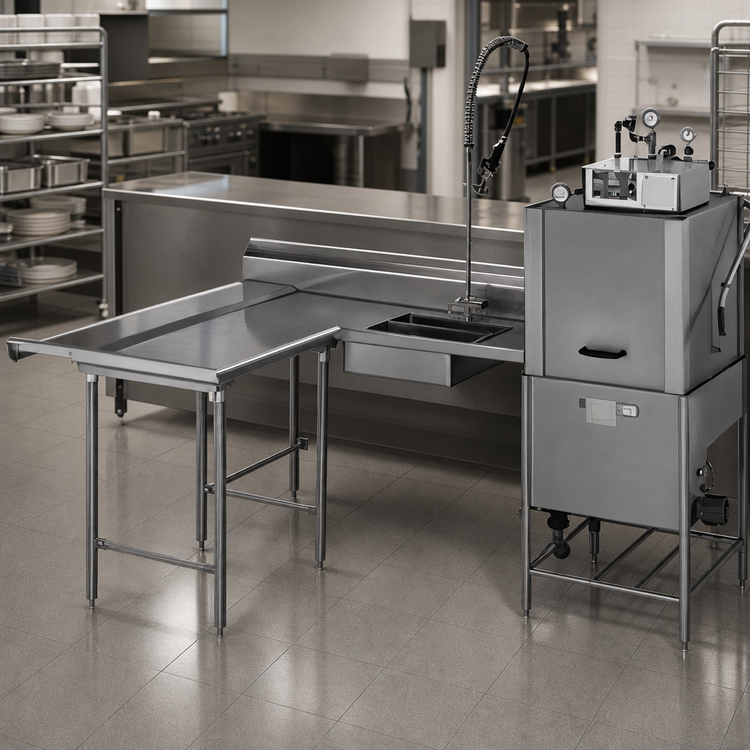 Product image #3 for Eagle Group Island Soiled Dishtable with Dish Landing Shelf and Pre-Rinse Sink, 72" Machine-to-Corner x 60" Corner-to-End, Left-to-Right