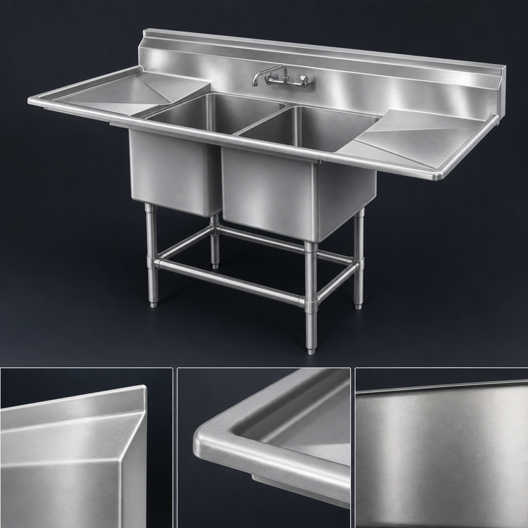 Product image #3 for Eagle Spec-Master FN Series Coved Corner Two-Compartment Sink with Left Drainboard, 63-1/2 Inch W x 35 Inch D, 14 Gauge 300 Series Stainless Steel