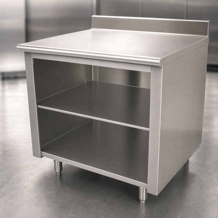 Product image #3 for Advance Tabco 96-Inch x 30-Inch Stainless Steel Work Table with Open Front Cabinet Base, Mid-Shelf, and 5-Inch Backsplash