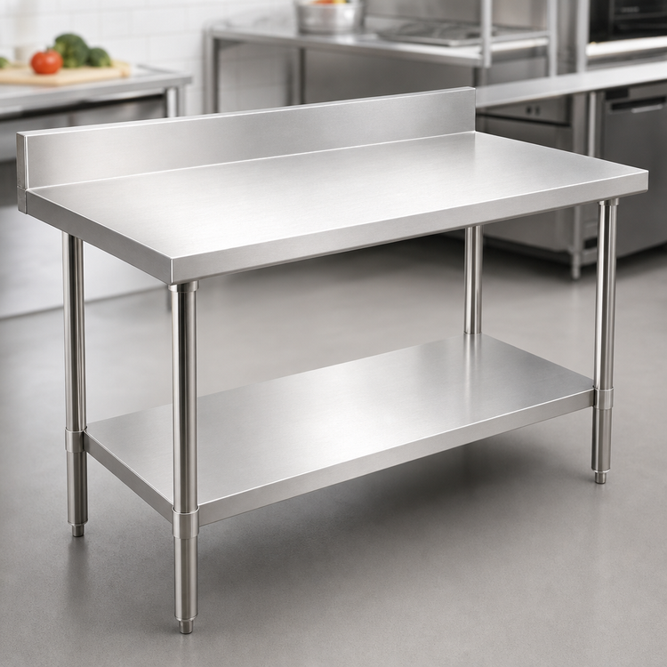 Product image #3 for Omcan 48 x 24 Inch 20-Gauge Stainless Steel Work Table with 4 Inch Backsplash and Undershelf