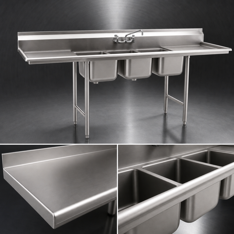 Product image #3 for Eagle Group 412 Series 3-Compartment Stainless Steel Sink with Left and Right Drainboards, 90-Inch Wide