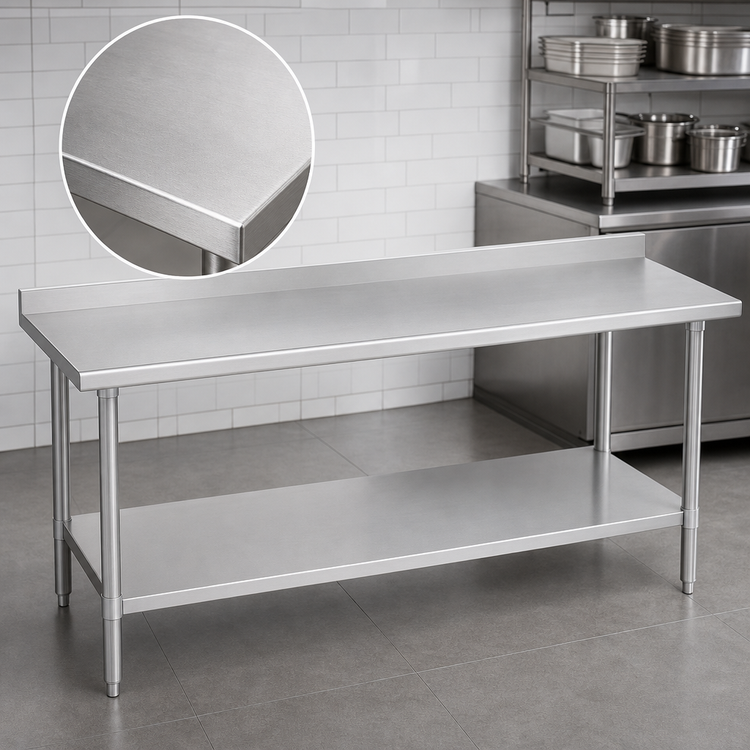 Product image #3 for Duke 108-Inch x 30-Inch 14-Gauge 300 Series Stainless Steel Work Table with 1-1/8-Inch Straight Riser