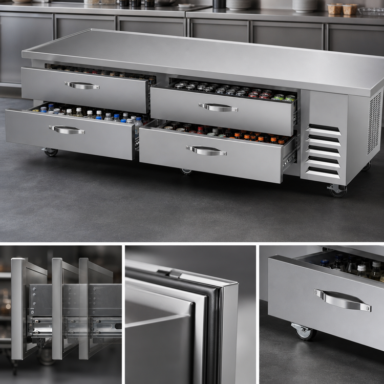 Product image #4 for Beverage-Air 108-Inch Four-Drawer Chef Base Refrigerator with Extended Top