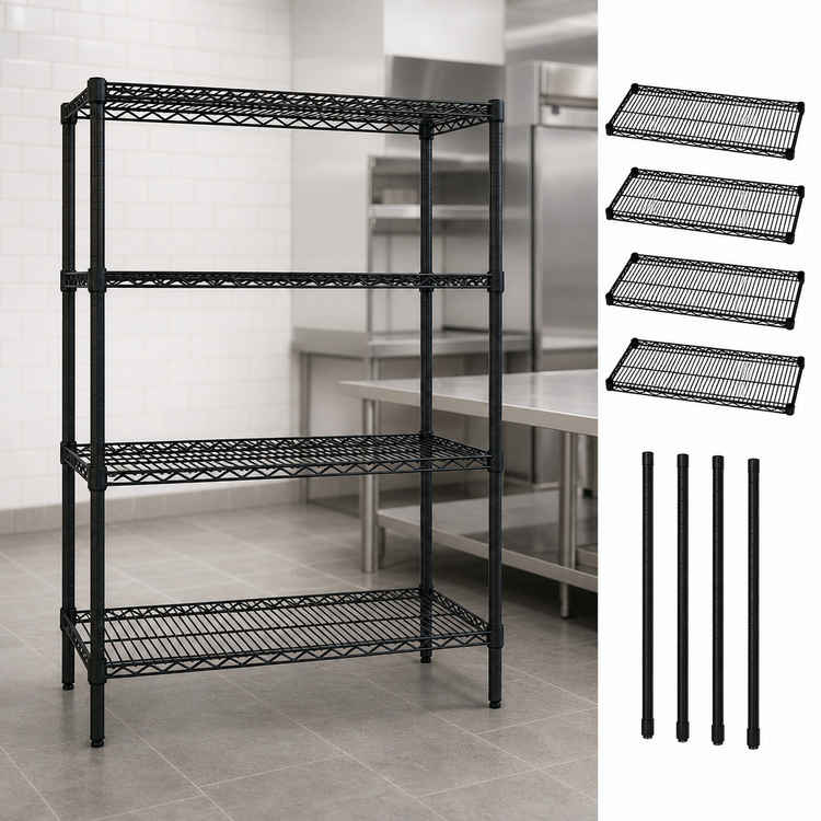 Product image #3 for Quantum Black Epoxy Antimicrobial Wire Shelving Starter Kit, 48 x 24 x 54 Inches, 4-Shelf Stationary Unit