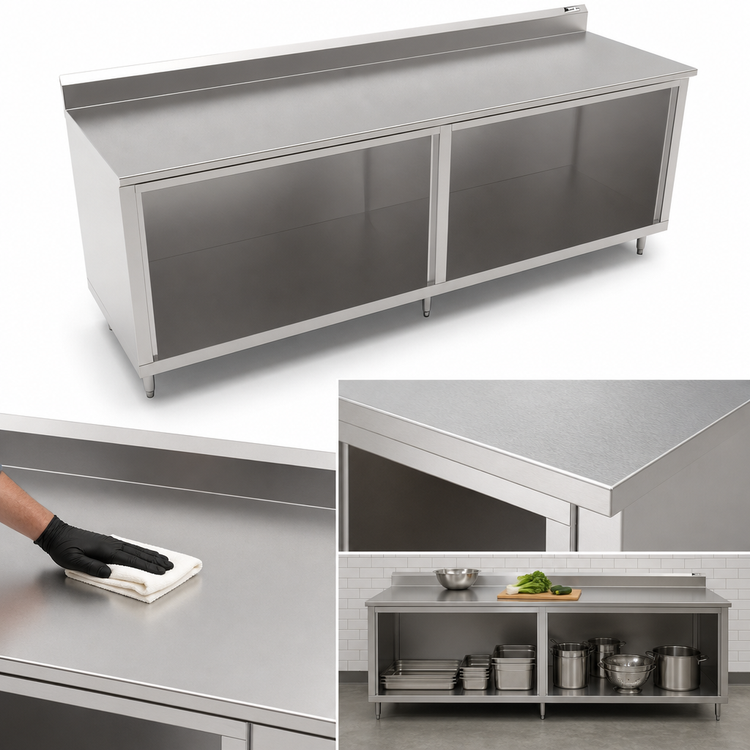 Product image #3 for John Boos Stainless Steel Work Table with Open Front Cabinet Base, 144 x 36 Inches, 5-Inch Backsplash