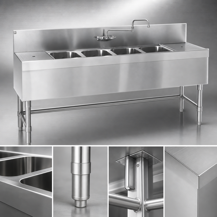 Product image #3 for Eagle Spec-Bar Four-Compartment Stainless Steel Underbar Sink Unit with Right Drainboard, 72W x 24D x 37H