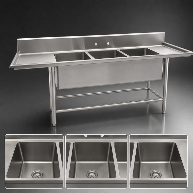 Product image #3 for Eagle Group S14 Series 3-Compartment 304 Stainless Steel Sink with Left Drainboard, 89-1/2W x 27D x 42H