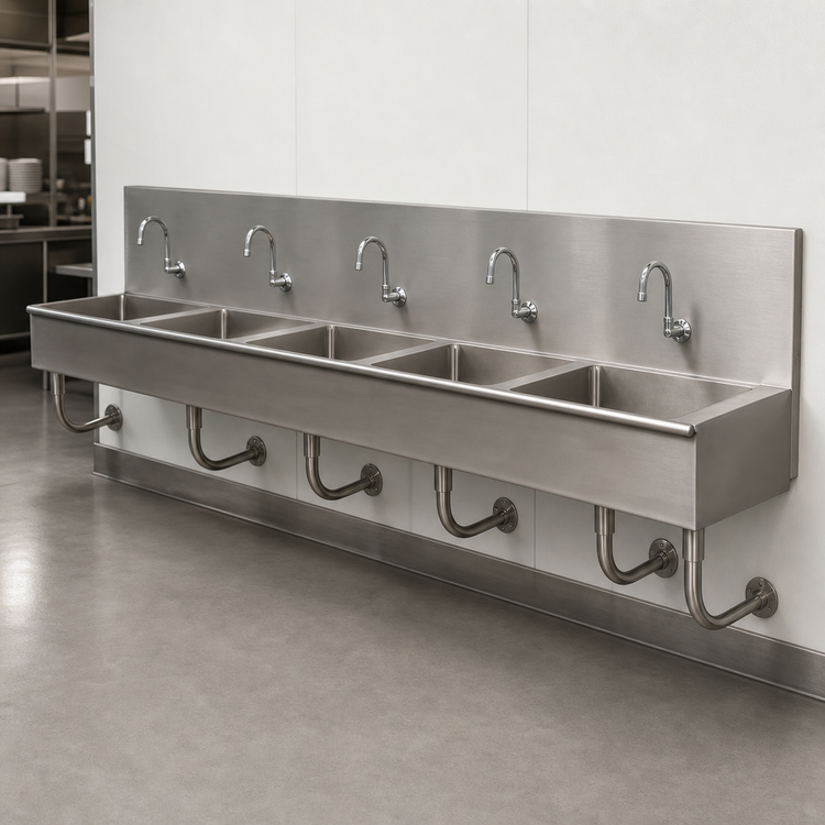 Product image #3 for Advance Tabco 5-Station Wall Mounted Hand Sink, 100 Inch Wide, 8-Inch Deep Bowls