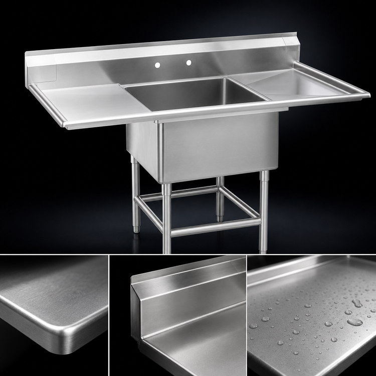 Product image #3 for Spec-Master FN Series 1-Compartment Sink with 24-Inch Right Drainboard, 43-1/2 Inch Wide, 14 Gauge 304 Stainless Steel