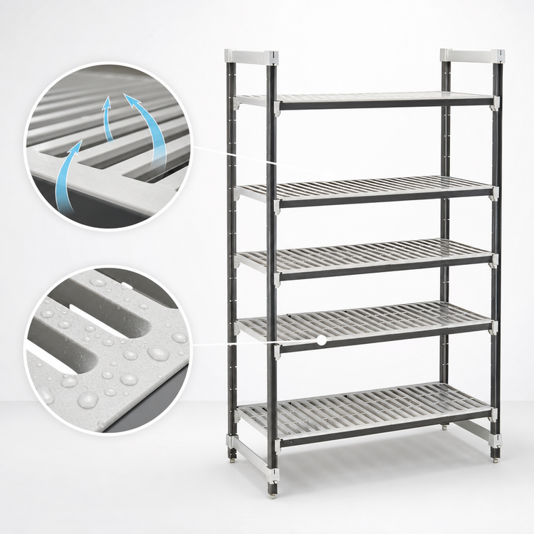 Product image #3 for Cambro Camshelving Elements XTRA 5-Tier Stationary Starter Unit, 21-Inch Deep x 48-Inch Long x 84-Inch High, Vented, Speckled Gray