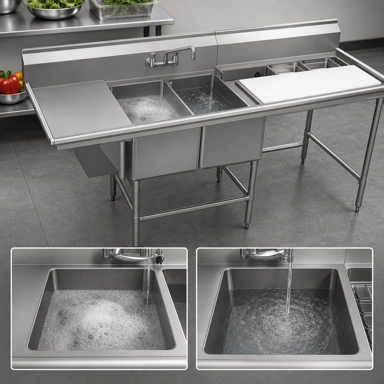 Product image #3 for Spec-Master FNP Series Two-Compartment Stainless Steel Prep Sink with Left Drainboard and 48-inch Prep Area