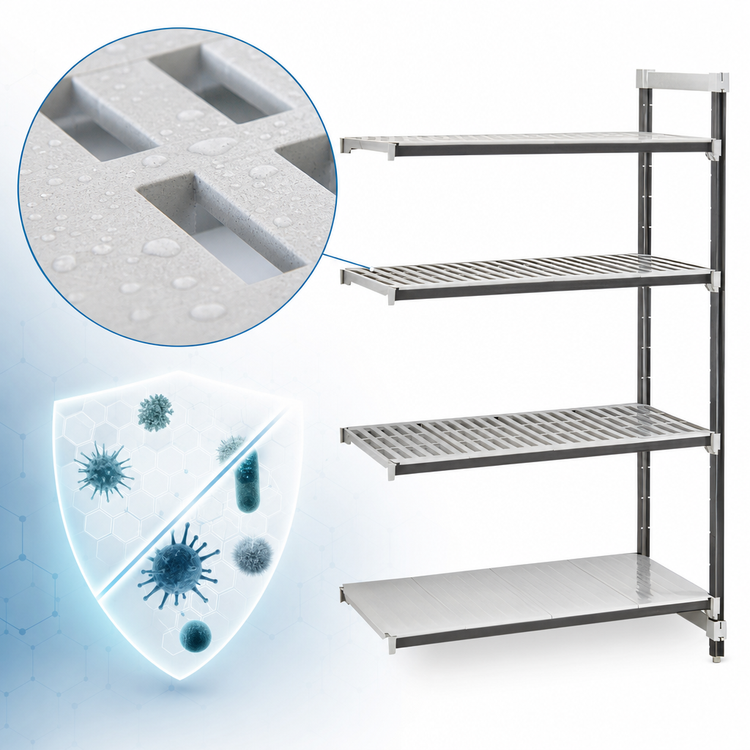 Product image #3 for Cambro Camshelving Elements XTRA 4-Shelf Stationary Add-On Polymer Shelving Unit, 21 x 36 x 64 Inches, Vented and Solid, Speckled Gray