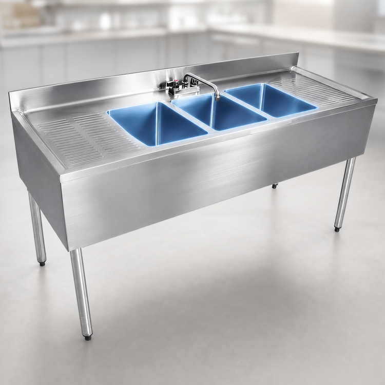 Product image #3 for BK Resources 84-Inch Three-Compartment Underbar Sink with Left and Right Drainboards and Faucet