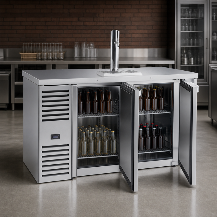 Product image #3 for True Premier Bar 60-Inch Pass-Thru Two-Section Refrigerated Draft Bar Cooler with Stainless Steel Top, 4 Locking Doors, and 1 Faucet Beer Column