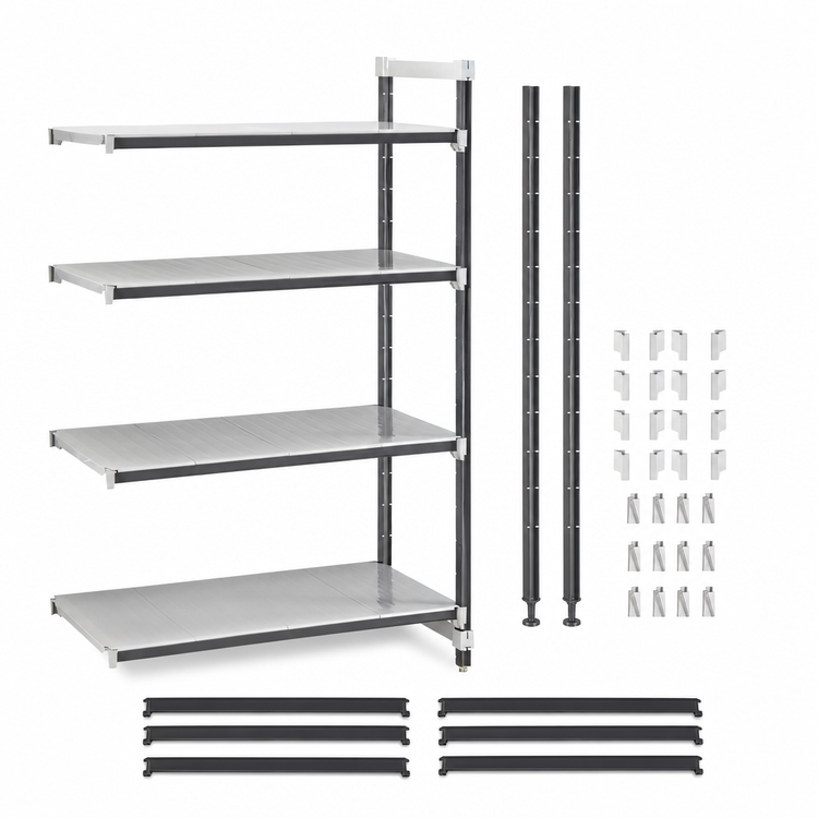Product image #3 for Cambro Camshelving Elements XTRA 4-Shelf Solid Stationary Add-On Polymer Shelving Unit, 24"W x 18"D x 64"H, Speckled Gray