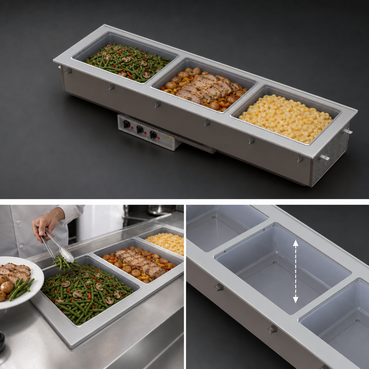 Product image #3 for Vollrath Short-Side 3-Pan Marine-Grade Drop-In Hot Well with Thermostatic Controls, Standard Drain, 120V