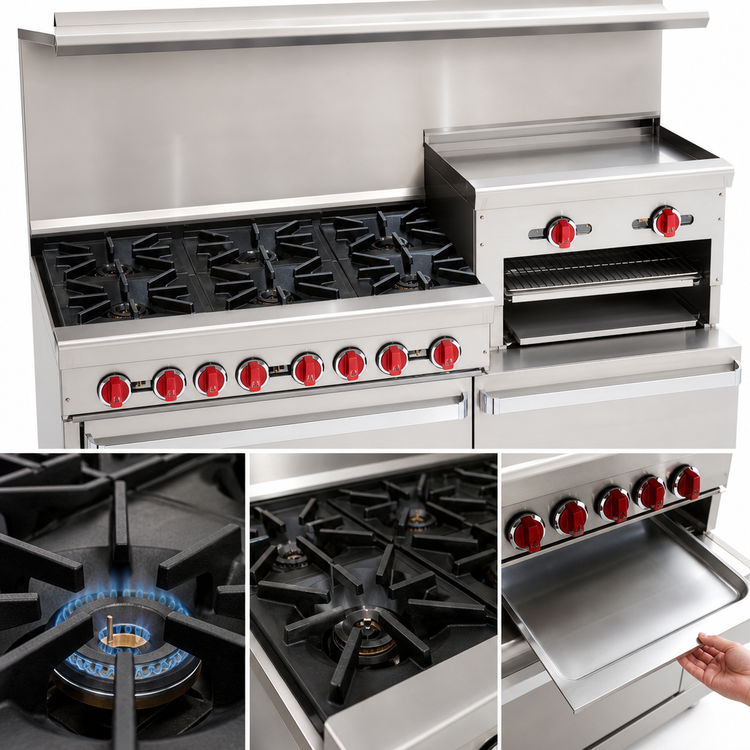 Product image #3 for American Range 60-Inch Commercial Gas Range with 6 Open Burners, 24-Inch Raised Griddle/Broiler, Standard Oven, and Storage Base