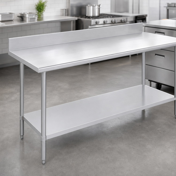 Product image #3 for Duke 144-Inch x 36-Inch 16-Gauge 300 Series Stainless Steel Work Table with 4.59-Inch Riser and Galvanized Undershelf