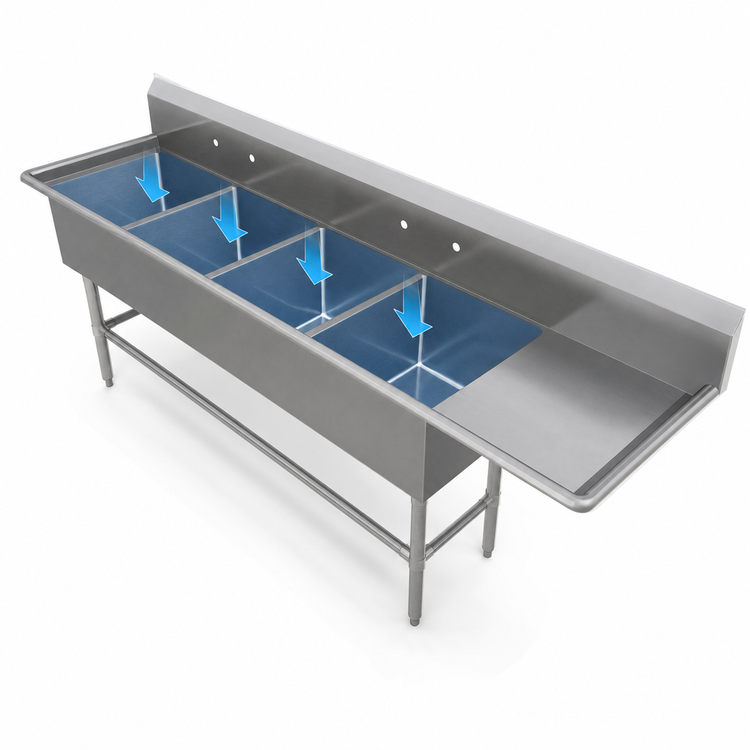 Product image #3 for John Boos Pro-Bowl 4-Compartment Sink with 30-Inch Right Drainboard, 14-Inch Deep Bowls
