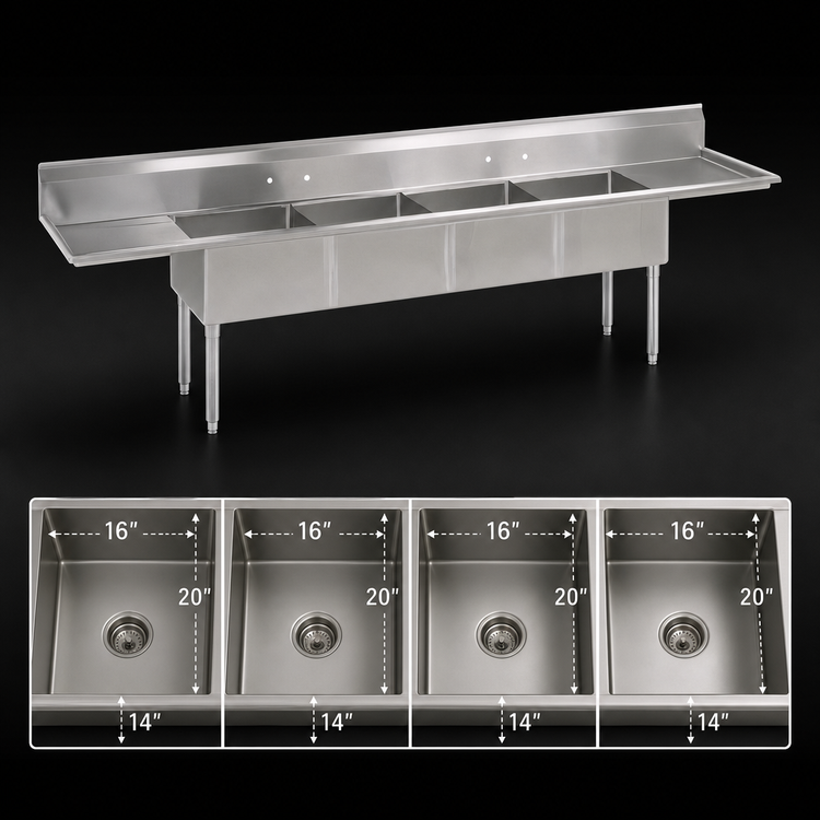 Product image #3 for John Boos E-Series 4-Compartment Double Drainboard Sink, 100-Inch Wide, 18-Gauge Stainless Steel