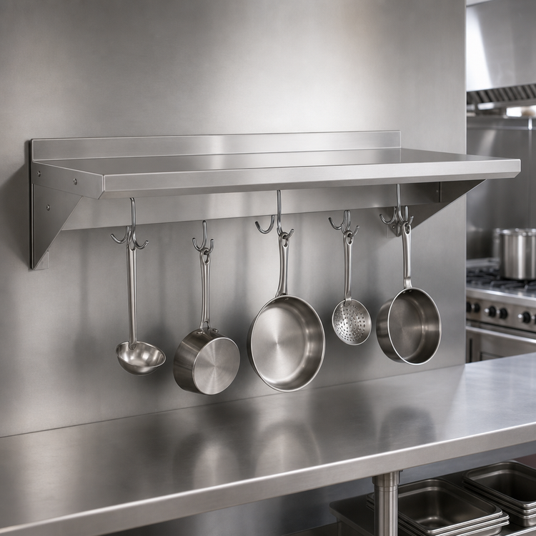 Product image #3 for BK Resources Premium Wall-Mount Stainless Steel Pot Rack Shelf, 72 Inch W x 16 Inch D, with 6 Hooks