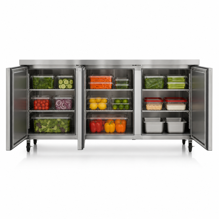Product image #4 for 72-Inch Three-Section Undercounter Reach-In Refrigerator with Solid Stainless Steel Doors