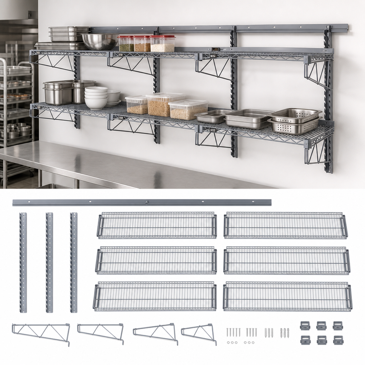 Product image #3 for Quantum Store Grid Medium-Duty Wall-Mount Starter Kit with 6 Shelves, Gray Epoxy