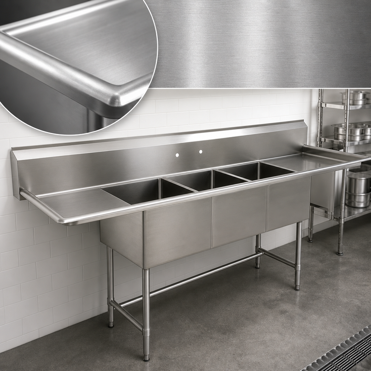 Product image #3 for 3-Compartment Floor Model Stainless Steel Sink with Dual 24-Inch Drainboards, 18 x 18-Inch Bowls
