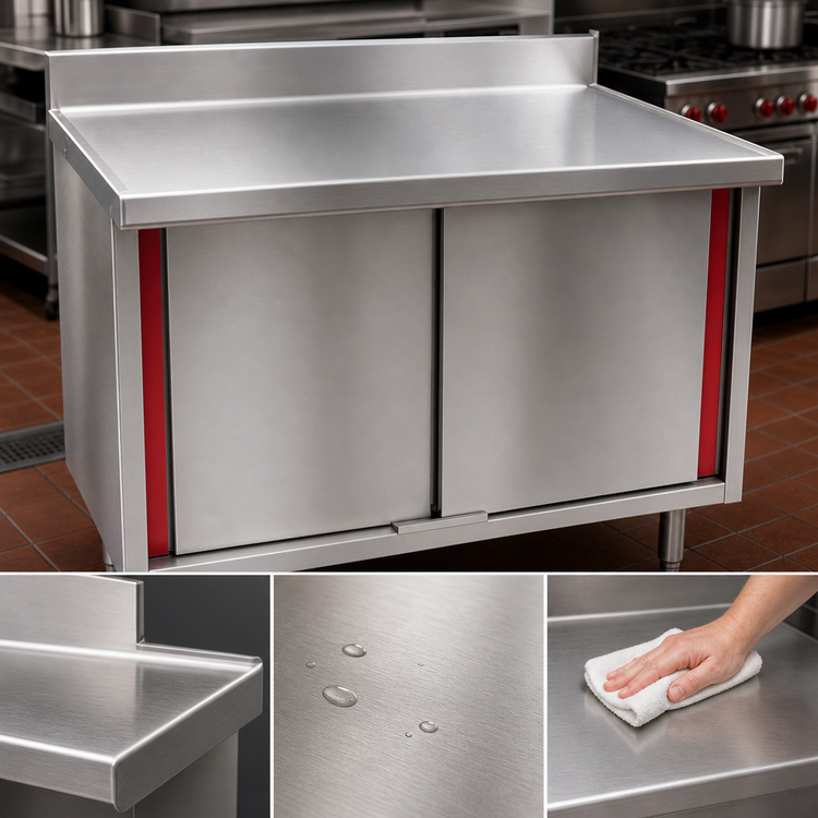 Product image #3 for Spec-Master Marine Series Stainless Steel Enclosed Work Table with Cabinet Base and Sliding Doors, 84 x 30 Inches, 4-1/2 Inch Backsplash