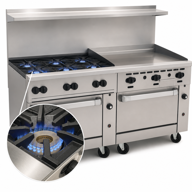 Product image #3 for Vulcan Endurance 72 Inch Gas Restaurant Range with 6 Open Burners, 36 Inch Thermostatic Griddle, and 2 Standard Ovens