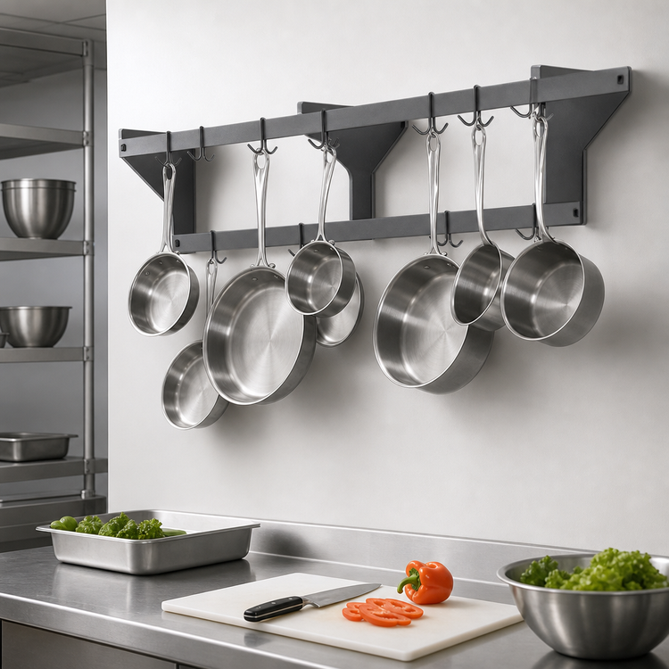 Product image #3 for Eagle Group 48-Inch Wall-Mounted Stainless Steel Pot Rack with 8 Double-Pronged Hooks