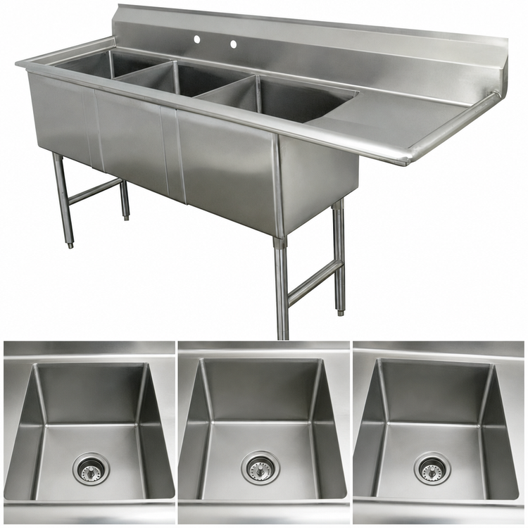 Product image #3 for Advance Tabco FC-3-2424-18R 3-Compartment Fabricated Sink with 18-Inch Right Drainboard
