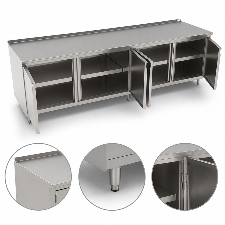 Product image #3 for John Boos 96" W x 24" D Enclosed Stainless Steel Work Table with Cabinet Base, Hinged Doors, and 1-1/2" Rear Up-Turn