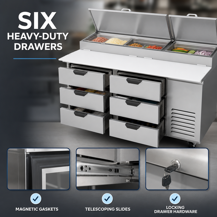 Product image #3 for Beverage-Air DPD67HC-6 67-Inch Two-Section Deli/Pizza Prep Table with Six Drawers