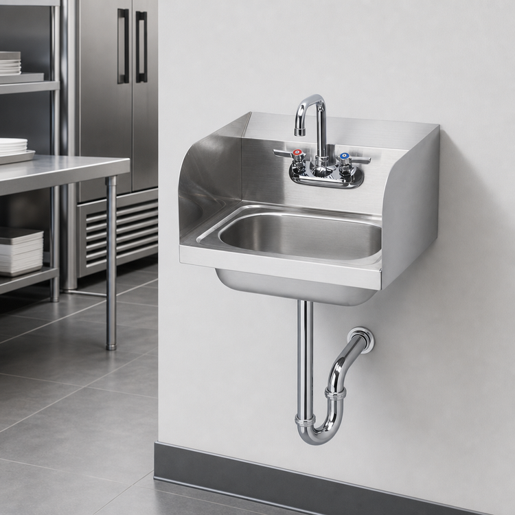 Product image #3 for Krowne Stainless Steel Wall-Mount Hand Wash Sink with 14 x 10 x 5 Inch Bowl, Faucet, Side Splashes and P-Trap