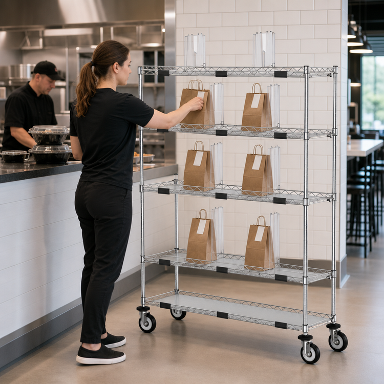 Product image #4 for Metro Chain Reaction Mobile To-Go Order Pick-Up Station with Adjustable Chrome Wire Shelves