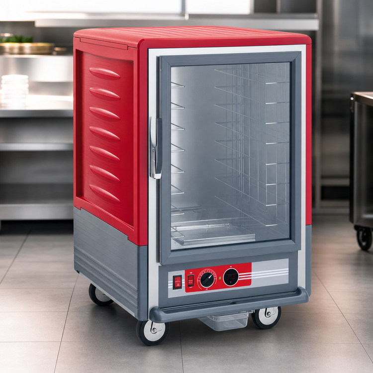 Product image #3 for Metro C5 3 Series Half-Height Mobile Heated Holding Cabinet with Clear Polycarbonate Door, Fixed Wire Slides, and Red Insulation Armour