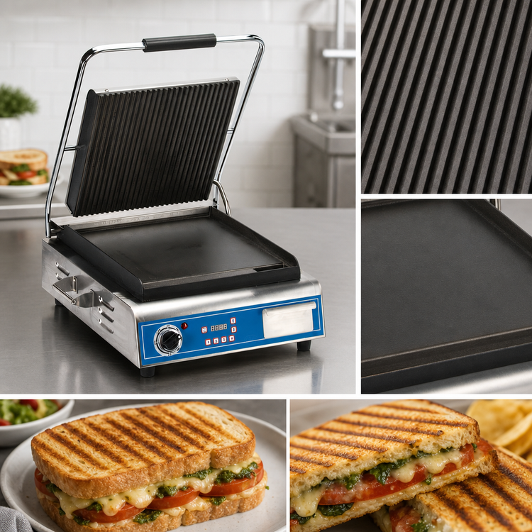 Product image #3 for Globe 14 x 10-Inch Countertop Panini Grill with Grooved Top and Smooth Bottom Cast Iron Plates