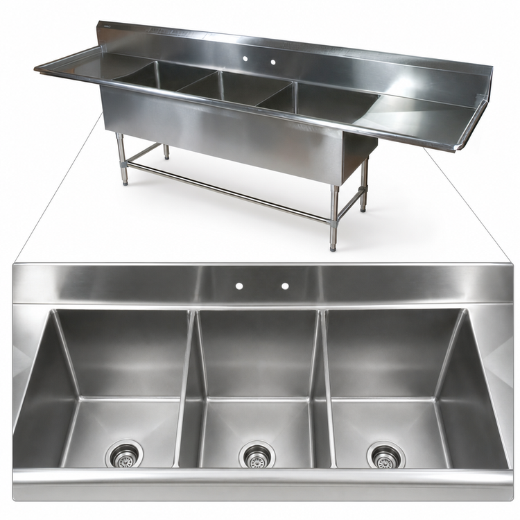 Product image #3 for John Boos Pro-Bowl 3-Compartment Sink with Left and Right Drainboards, 20 x 20 x 14-Inch Bowls