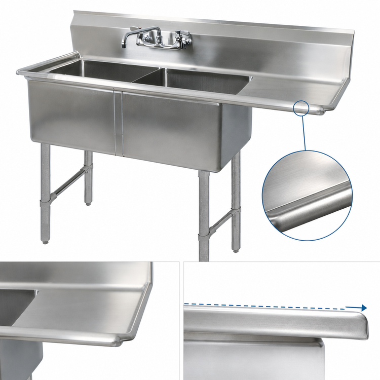 Product image #3 for BK Resources Two-Compartment Stainless Steel Sink with Right-Hand Drainboard, 18 x 18 x 14 Bowls