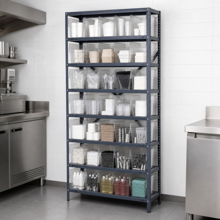 Product image #3 for Quantum Heavy Duty Stationary Wire Shelving Unit, 36" W x 12" D x 75" H, 8 Shelves, 35 Clear Bins